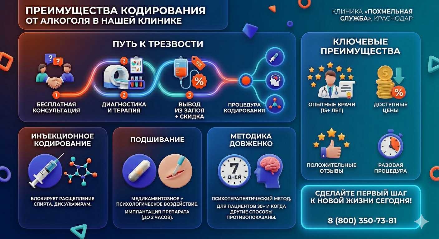 Инфографика о методах кодирования от алкоголя в Красноярске: инъекции, подшивание, метод Довженко. Преимущества клиники и этапы лечения.